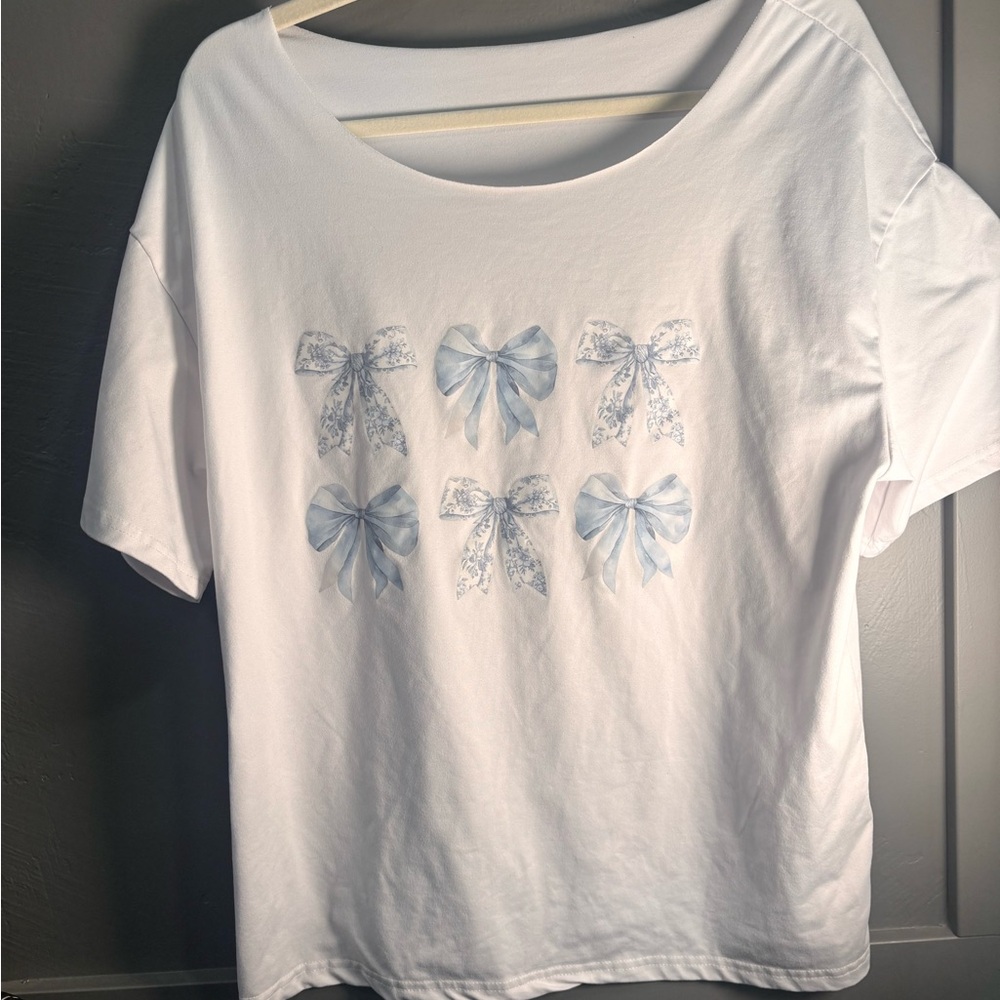 Girls White Tee with Light Blue Bow Print